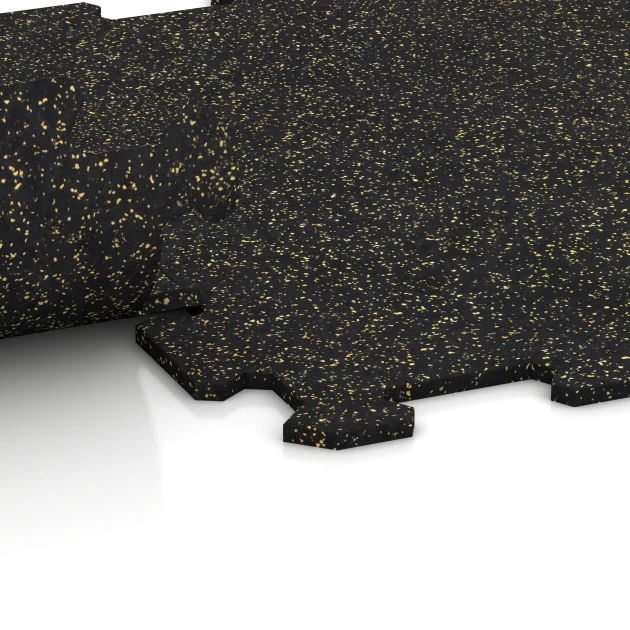 Großaufnahme vom Verbindungssystem von WARCO-Boden 0926 - Fitnessgolv Kompakt im Farbdesign Lätt Gul Prickig. Abmessungen 485 x 485 x 8 mm | 0,235 m².