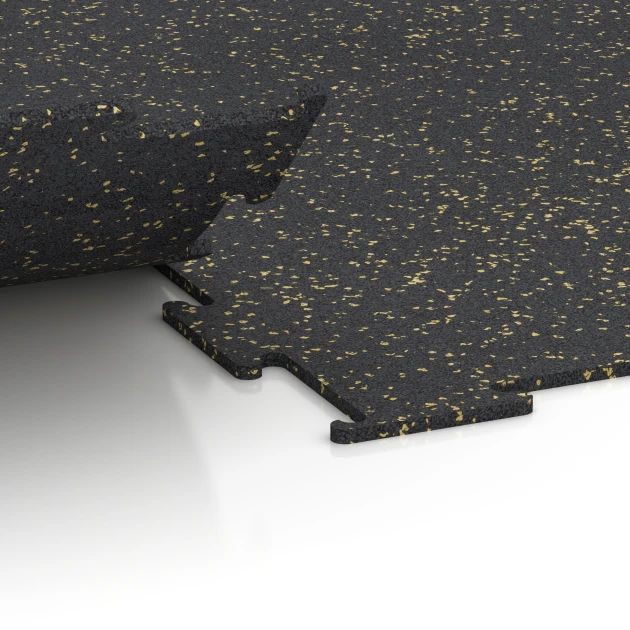 Großaufnahme vom Verbindungssystem von WARCO-Boden 6454 - Fitnessgolv Kompakt im Farbdesign Lätt Gul Prickig. Abmessungen 100 × 100 × 0,8 cm.