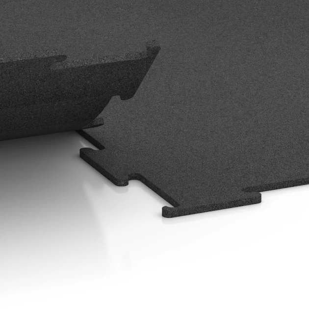 Großaufnahme vom Verbindungssystem von WARCO-Boden 6455 - Fitnessgolv Kompakt im Farbdesign Antracit. Abmessungen 50 × 50 × 0,8 cm.