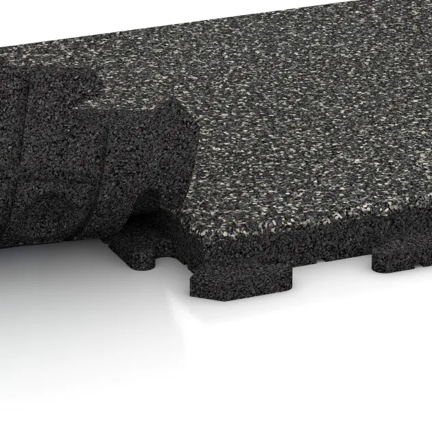 Großaufnahme vom Verbindungssystem von WARCO-Boden 1353 - Fitnessgolv Gummiplattor Classic im Farbdesign Mörkgrå Granit. Abmessungen 500 x 500 x 40 mm.