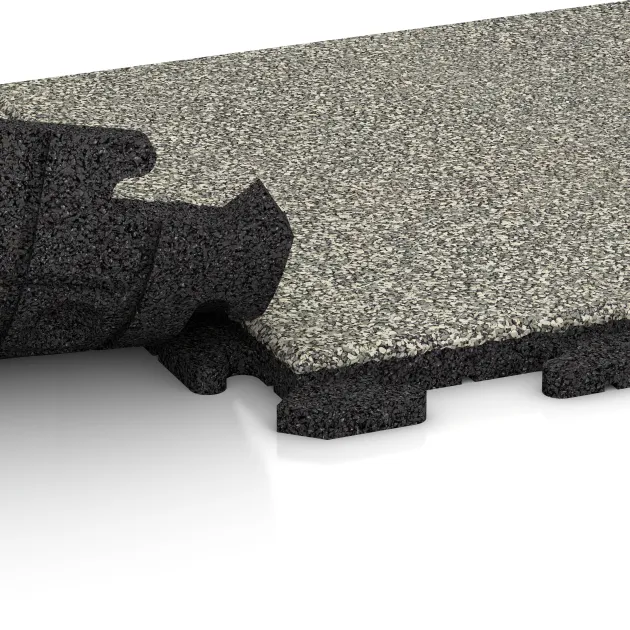 Großaufnahme vom Verbindungssystem von WARCO-Boden 1208 - Poolplatta Klassisk im Farbdesign Ljus Granit. Abmessungen 500 x 500 x 30 mm.