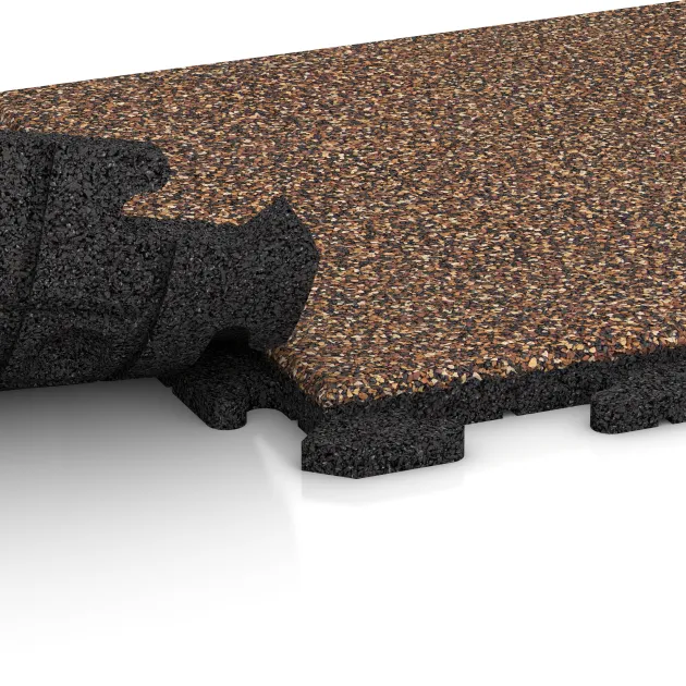 Großaufnahme vom Verbindungssystem von WARCO-Boden 1211 - Poolplatta Klassisk im Farbdesign Bast & Bark. Abmessungen 500 x 500 x 30 mm.
