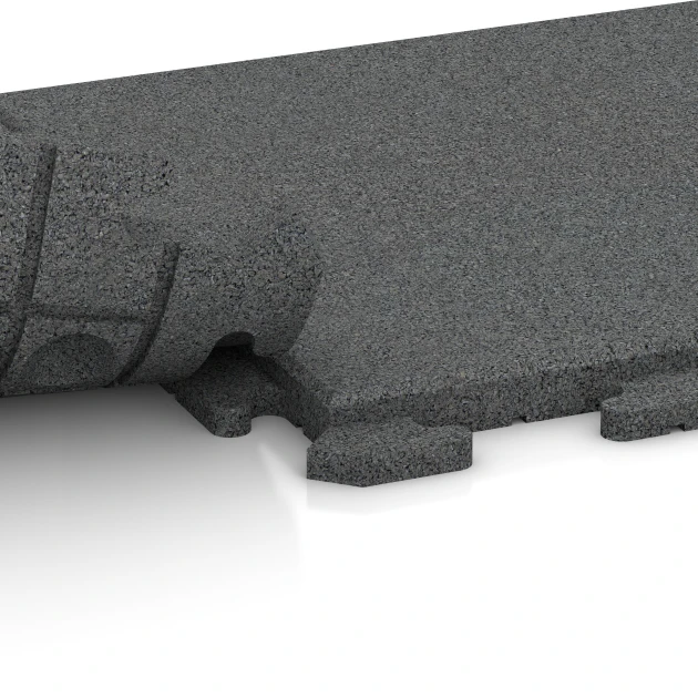 Großaufnahme vom Verbindungssystem von WARCO-Boden 5961 - Eventgolv im Farbdesign Skiffergrå. Abmessungen 50 x 50 x 3 cm | 0,25 m².