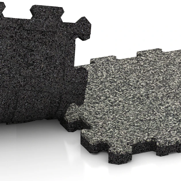 Großaufnahme vom Verbindungssystem von WARCO-Boden 3721 - Fitnessmatta Premium 2 cm im Farbdesign Grå granit. Abmessungen 30,6 x 30,6 x 2 cm | 0,094 m².