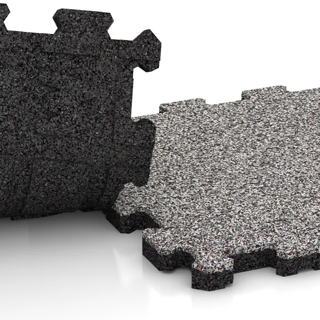 Großaufnahme vom Verbindungssystem von WARCO-Boden 4452 - Gummiklickplatta im Farbdesign Grå Melange. Abmessungen 306 x 306 x 20 mm.