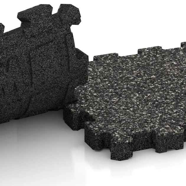 Großaufnahme vom Verbindungssystem von WARCO-Boden 4267 - Gummiklickplatta im Farbdesign Mörkgrå Granit. Abmessungen 306 x 306 x 30 mm.