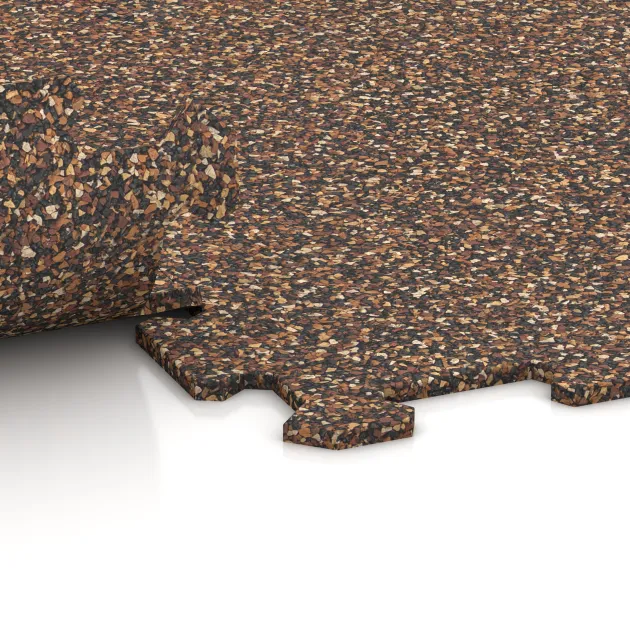 Großaufnahme vom Verbindungssystem von WARCO-Boden 1024 - Fitnessgolv Kompakt im Farbdesign Bast & Bark. Abmessungen 970 x 970 x 8 mm | 0,94 m.