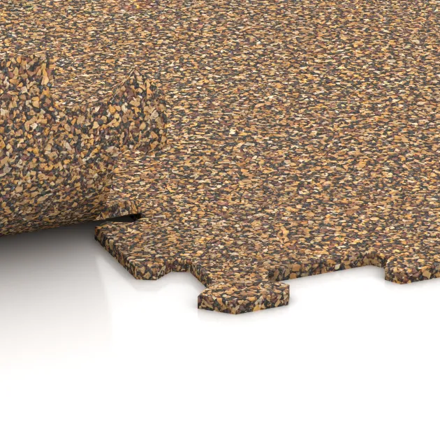 Großaufnahme vom Verbindungssystem von WARCO-Boden 1032 - Fitnessgolv Kompakt im Farbdesign Rattan Lounge. Abmessungen 970 x 970 x 8 mm | 0,94 m.