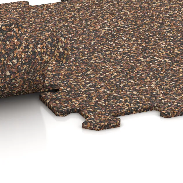 Großaufnahme vom Verbindungssystem von WARCO-Boden 0887 - Fitnessgolv Kompakt im Farbdesign Bast & Bark. Abmessungen 485 x 485 x 8 mm | 0,235 m².