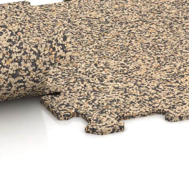 Großaufnahme vom Verbindungssystem von WARCO-Boden 0890 - Fitnessgolv Kompakt im Farbdesign Travertin. Abmessungen 485 x 485 x 8 mm | 0,235 m².