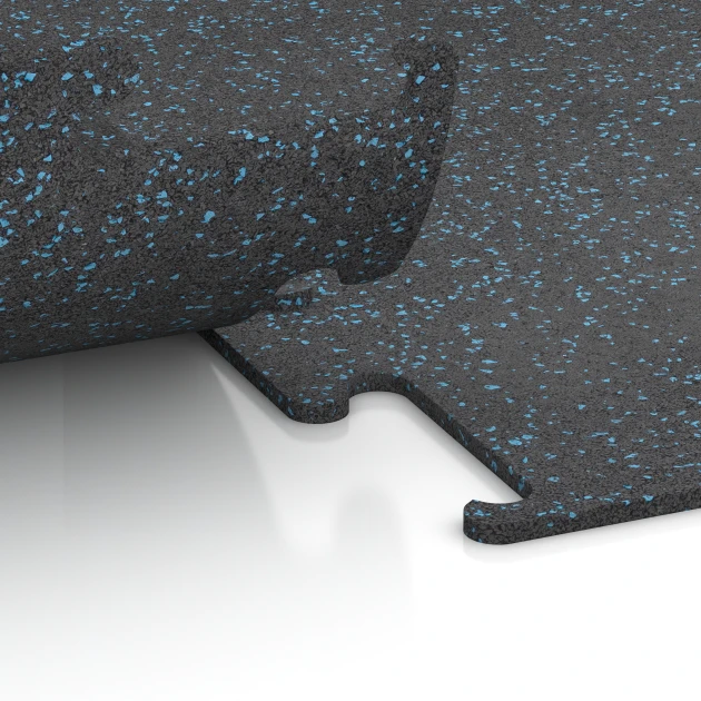 Großaufnahme vom Verbindungssystem von WARCO-Boden 3754 - Fitness Performance Elite Träningsgolv im Farbdesign Lätt Blå Sprakling. Abmessungen 100 x 100 x 1 cm | 1,00 m².