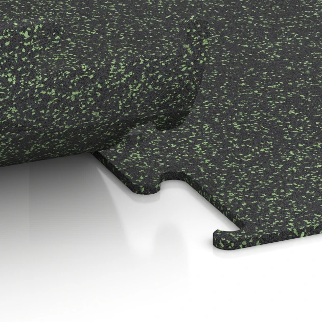 Großaufnahme vom Verbindungssystem von WARCO-Boden 3755 - Fitness Performance Elite Träningsgolv im Farbdesign Lätt Grön Fläckig. Abmessungen 100 x 100 x 1 cm | 1,00 m².