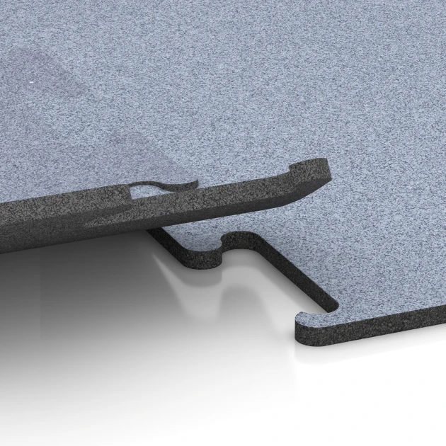 Großaufnahme vom Verbindungssystem von WARCO-Boden 6148 - Fitness Performance Elite Träningsgolv im Farbdesign Dimgrå. Abmessungen 100 x 100 x 1,5 cm | 1,00 m².