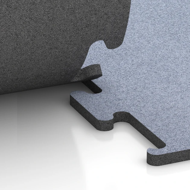 Großaufnahme vom Verbindungssystem von WARCO-Boden 6150 - Fitness Performance Elite Träningsgolv im Farbdesign Dimgrå. Abmessungen 100 x 100 x 2 cm | 1,00 m².