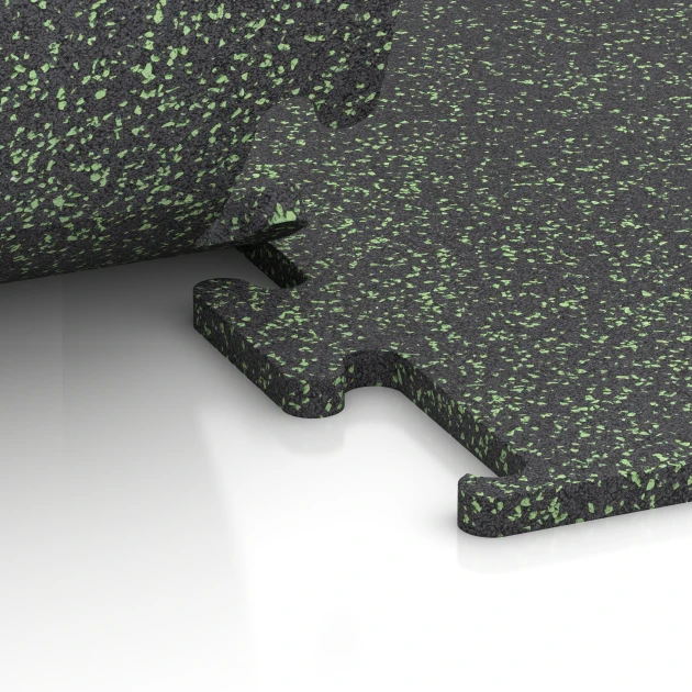 Großaufnahme vom Verbindungssystem von WARCO-Boden 6979 - Fitness Performance Elite Träningsgolv im Farbdesign Lätt Grön Fläckig. Abmessungen 100 x 100 x 2 cm | 1,00 m².