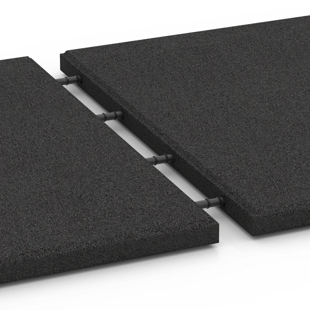 Großaufnahme vom Verbindungssystem von WARCO-Boden 6287 - Fallskyddsplattor im Farbdesign Antracit. Abmessungen 50 x 50 x 3 cm.