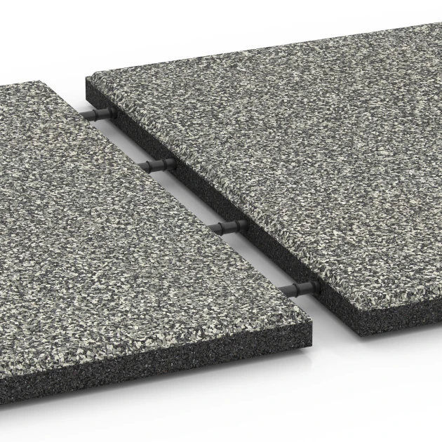 Großaufnahme vom Verbindungssystem von WARCO-Boden 6414 - Fallskyddsplatta – 90 cm im Farbdesign Grå granit. Abmessungen 50 x 50 x 3 cm | 0,25 m².