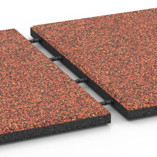 Großaufnahme vom Verbindungssystem von WARCO-Boden 6417 - Fallskyddsplatta – 90 cm im Farbdesign Etna. Abmessungen 50 x 50 x 3 cm | 0,25 m².