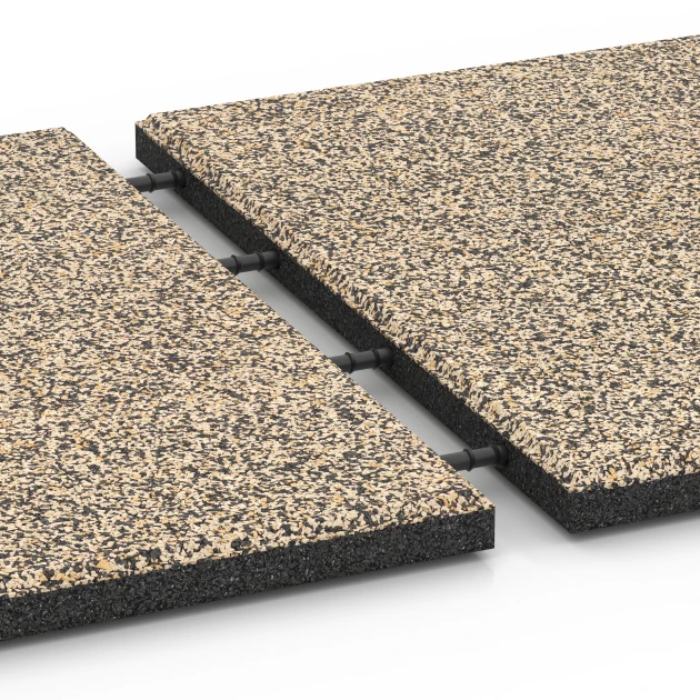 Großaufnahme vom Verbindungssystem von WARCO-Boden 6419 - Fallskyddsplatta – 90 cm im Farbdesign Travertin. Abmessungen 50 x 50 x 3 cm | 0,25 m².
