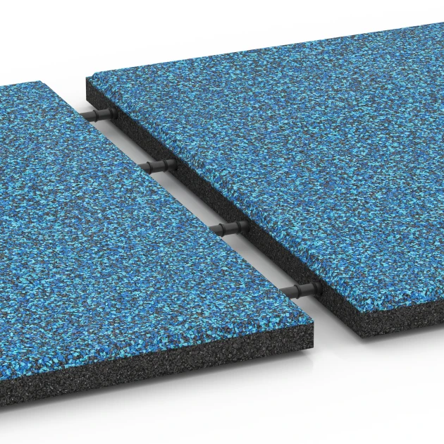 Großaufnahme vom Verbindungssystem von WARCO-Boden 6420 - Fallskyddsplatta EPDM – 90 cm im Farbdesign Atlanten. Abmessungen 50 x 50 x 3 cm | 0,25 m².