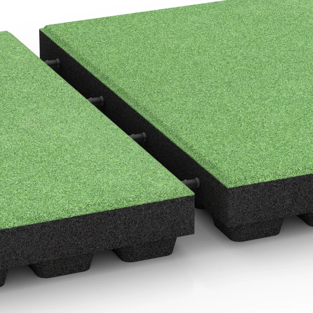 Großaufnahme vom Verbindungssystem von WARCO-Boden 6297 - Fallskyddsplattor im Farbdesign Lindgrön. Abmessungen 50 x 50 x 7 cm.