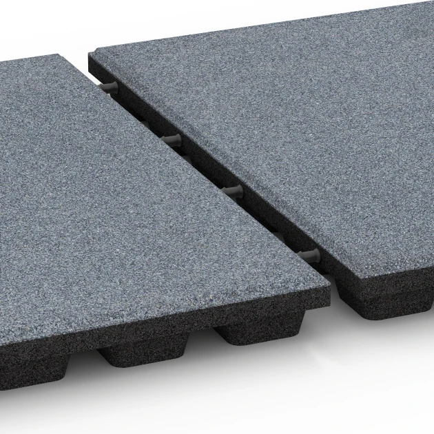 Großaufnahme vom Verbindungssystem von WARCO-Boden 6294 - Fallskyddsplattor im Farbdesign Grafitgrå. Abmessungen 50 x 50 x 4,8 cm.