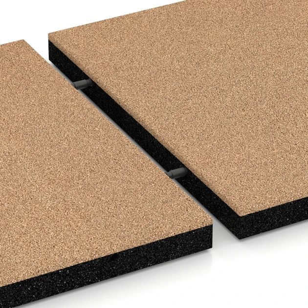 Großaufnahme vom Verbindungssystem von WARCO-Boden 6225 - Fallskyddsplattor im Farbdesign Sandbeige. Abmessungen 50 x 50 x 4,5 cm.
