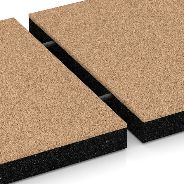 Großaufnahme vom Verbindungssystem von WARCO-Boden 6270 - Fallskyddsplatta – 180 cm im Farbdesign Sandbeige. Abmessungen 50 x 50 x 6 cm.