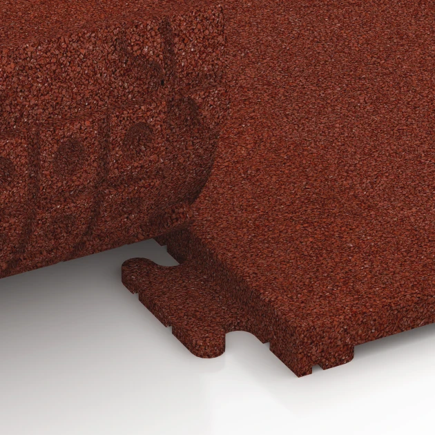 Großaufnahme vom Verbindungssystem von WARCO-Boden 7053 - Terrassplatta i gummi Linea im Farbdesign Tegelröd. Abmessungen 50 x 50 x 3 cm | 0,25 m².