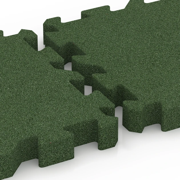 Großaufnahme vom Verbindungssystem von WARCO-Boden 6407 - Fallskyddsplatta – 220 cm im Farbdesign Gräsgrön. Abmessungen 50 x 50 x 6 cm | 0,25 m².