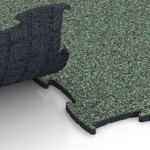 Großaufnahme vom Verbindungssystem von WARCO-Boden 6807 - Agilitygolv hundsport im Farbdesign Engelskt gräs. Abmessungen 97,1 x 97,1 × 1,8 cm.