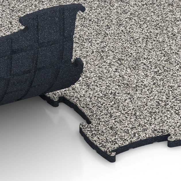 Großaufnahme vom Verbindungssystem von WARCO-Boden 6869 - Fitness Max gymgolv im Farbdesign Grå granit. Abmessungen 97,1 x 97,1 × 1,8 cm.