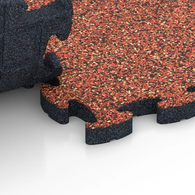 Großaufnahme vom Verbindungssystem von WARCO-Boden 6944 - Terrassplatta gummi im Farbdesign Etna. Abmessungen 44,6 x 44,6 × 2,8 cm.
