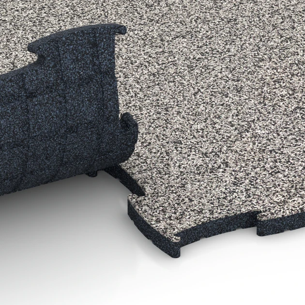 Großaufnahme vom Verbindungssystem von WARCO-Boden 6851 - Fitness Active gymgolv im Farbdesign Grå granit. Abmessungen 97,1 x 97,1 x 2,8 cm.