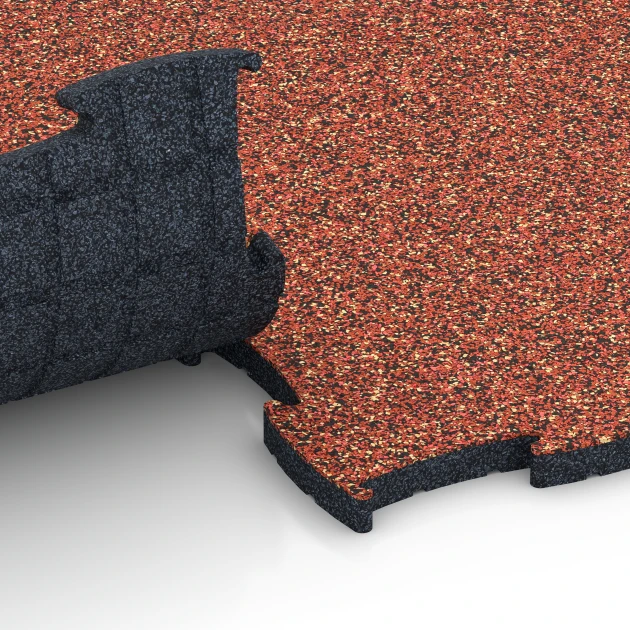 Großaufnahme vom Verbindungssystem von WARCO-Boden 6854 - Fitness Active gymgolv im Farbdesign Etna. Abmessungen 97,1 x 97,1 x 2,8 cm.