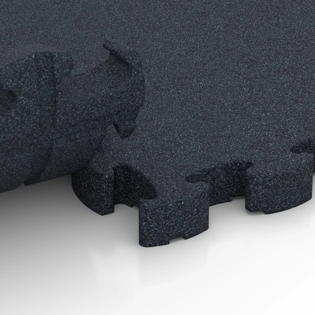 Großaufnahme vom Verbindungssystem von WARCO-Boden 6965 - Fitness Premium studiogolv im Farbdesign Antracit. Abmessungen 28,9 x 28,9 x 2,8 cm.
