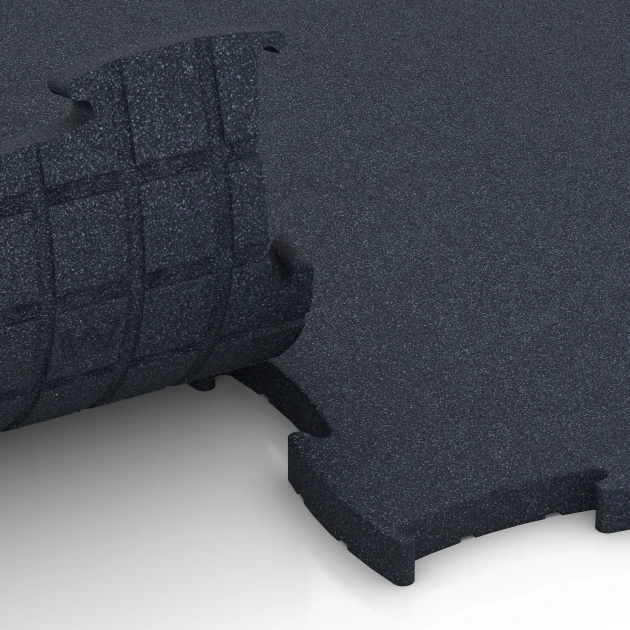 Großaufnahme vom Verbindungssystem von WARCO-Boden 6969 - Fitness Premium studiogolv im Farbdesign Antracit. Abmessungen 99 x 99 x 2,8 cm.