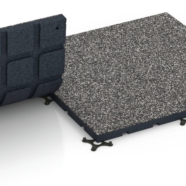 Großaufnahme vom Verbindungssystem von WARCO-Boden 7132 - Gymgolv för utomhusbruk im Farbdesign Mörkgrå granit. Abmessungen 60 x 60 x 3 cm | 0,36 m².