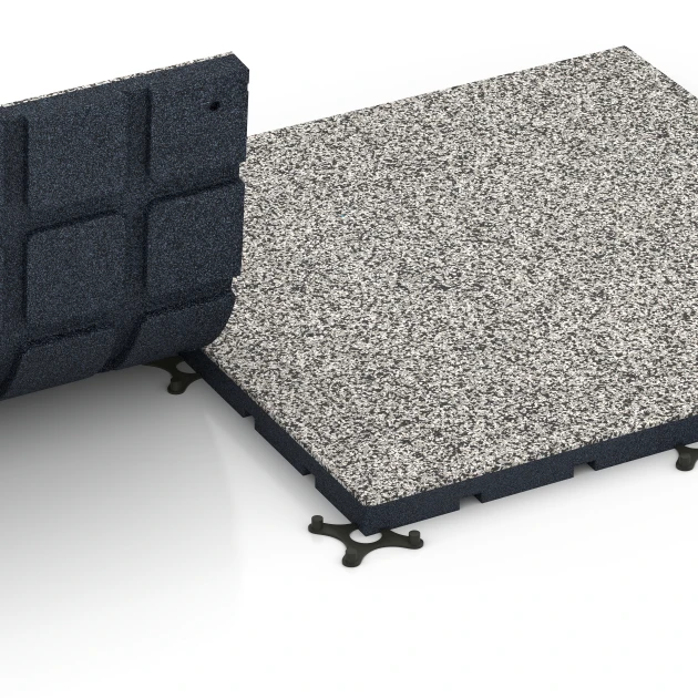 Großaufnahme vom Verbindungssystem von WARCO-Boden 7133 - Gymgolv för utomhusbruk im Farbdesign Grå granit. Abmessungen 60 x 60 x 3 cm | 0,36 m².