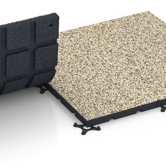 Großaufnahme vom Verbindungssystem von WARCO-Boden 7138 - Gymgolv för utomhusbruk im Farbdesign Travertin. Abmessungen 60 x 60 x 3 cm | 0,36 m².