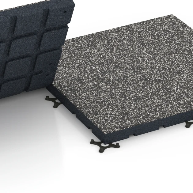 Großaufnahme vom Verbindungssystem von WARCO-Boden 7141 - Gymgolv för utomhusbruk im Farbdesign Mörkgrå granit. Abmessungen 60 x 60 x 4 cm | 0,36 m².