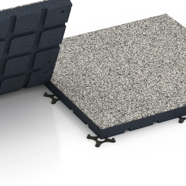 Großaufnahme vom Verbindungssystem von WARCO-Boden 7142 - Gymgolv för utomhusbruk im Farbdesign Grå granit. Abmessungen 60 x 60 x 4 cm | 0,36 m².