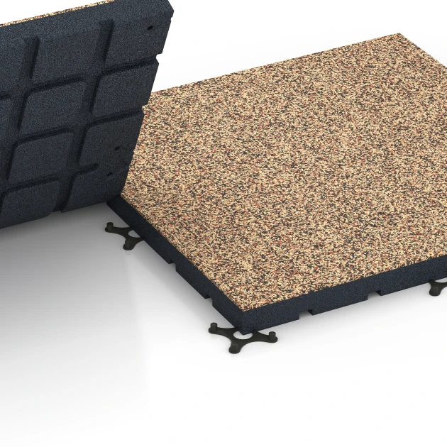 Großaufnahme vom Verbindungssystem von WARCO-Boden 7144 - Gymgolv för utomhusbruk im Farbdesign Terrakotta. Abmessungen 60 x 60 x 4 cm | 0,36 m².