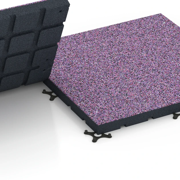 Großaufnahme vom Verbindungssystem von WARCO-Boden 7146 - Gymgolv för utomhusbruk im Farbdesign Lavendel. Abmessungen 60 x 60 x 4 cm | 0,36 m².