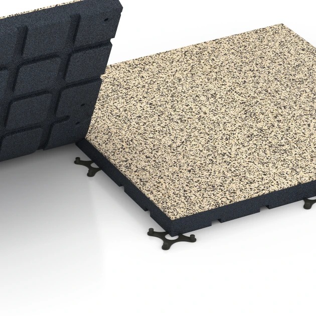 Großaufnahme vom Verbindungssystem von WARCO-Boden 7147 - Gymgolv för utomhusbruk im Farbdesign Travertin. Abmessungen 60 x 60 x 4 cm | 0,36 m².