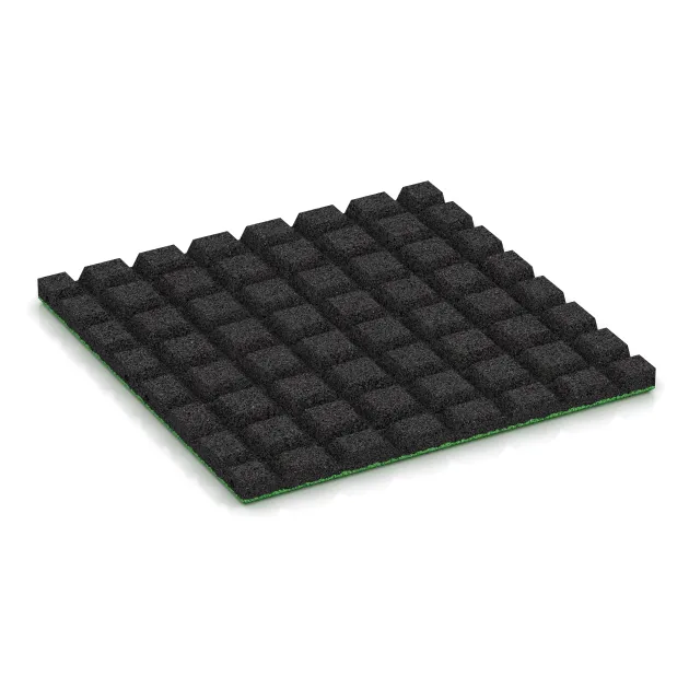 Aufsicht auf die Unterseite, also die Bodenseite von WARCO-Formteil 5470 - Fallskyddsmatta 3 cm - EN 1177 ≤ 100 cm im Format 500 x 500 x 30 mm.