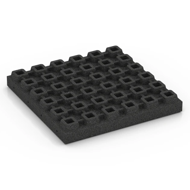 Aufsicht auf die Unterseite, also die Bodenseite von WARCO-Formteil 6295 - Fallskyddsplattor im Format 50 x 50 x 7 cm.