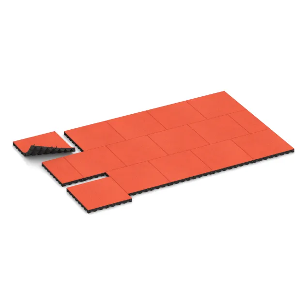 Typische Verlegung oder Einbausituation für den Artikel 0638 von WARCO - Fallskyddsplatta för lekplats, Farbton Ljusröd-Orange in der Abmessung 500 x 500 x 45 mm.