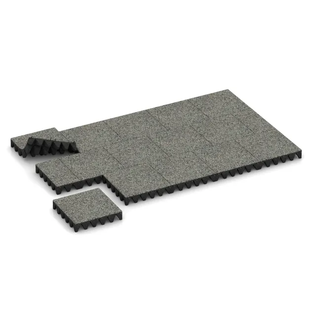 Typische Verlegung oder Einbausituation für den Artikel 5644 von WARCO - Fallskyddsmattor 10 cm - EN 1177 ≤ 300 cm, Farbton Grå Granit in der Abmessung 500 x 500 x 100 mm.