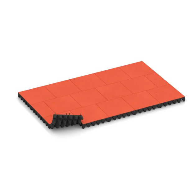 Typische Verlegung oder Einbausituation für den Artikel 5639 von WARCO - Fallskyddsmattor 10 cm - EN 1177 ≤ 300 cm, Farbton Ljusröd-Orange in der Abmessung 500 x 500 x 100 mm.